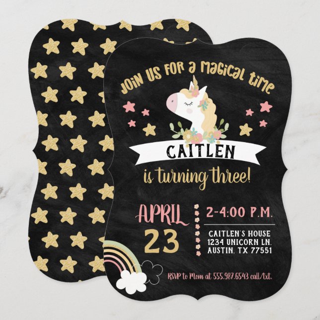 Gold Glitter Unicorn Birthday Party Chalkboard Invitation (Front/Back)
