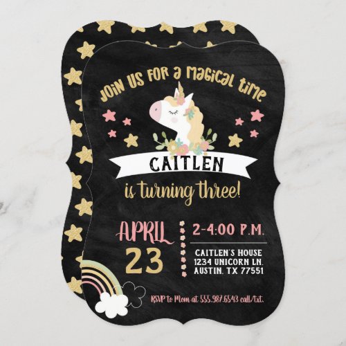 Gold Glitter Unicorn Birthday Party Chalkboard Invitation
