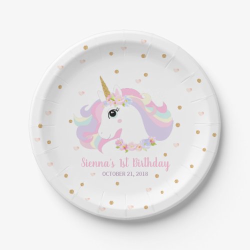Gold Glitter Unicorn Birthday Party Paper Plates