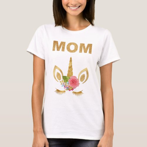 Gold Glitter Unicorn Face Birthday Party Mom T_Shirt