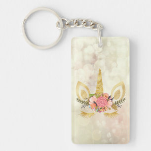 Gold Glitter Unicorn Face, Bokeh Keychain