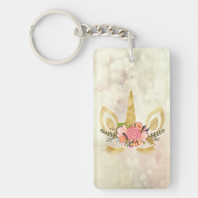 Gold Glitter Unicorn Face, Bokeh Keychain (Front)