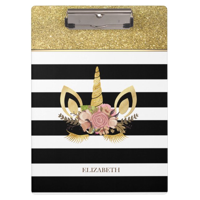 Gold Glitter Unicorn Face, Stripes -Personalized Clipboard (Front)