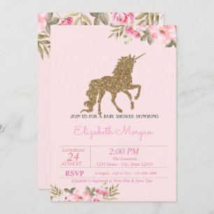 Gold Glitter Unicorn Floral Baby Shower Invitation