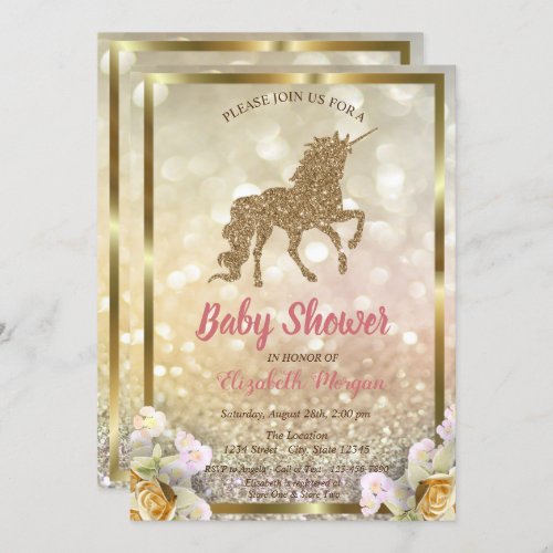 Gold Glitter Unicorn Floral Bokeh Baby Shower Invitation