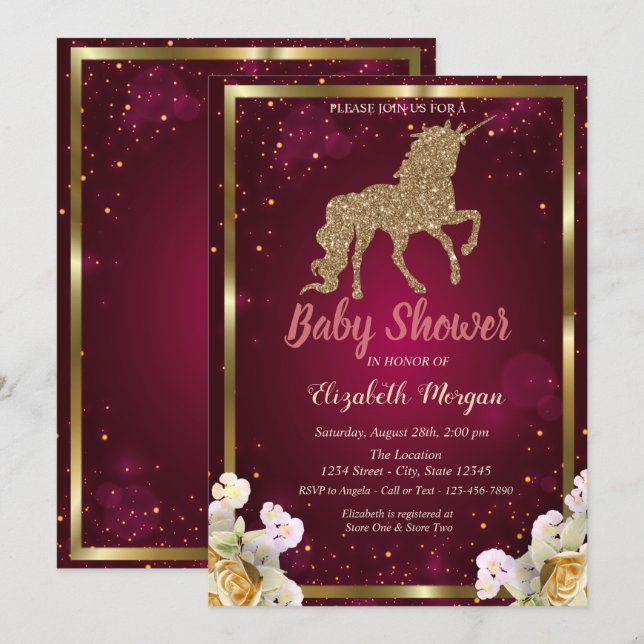Gold Glitter Unicorn Floral Burgundy Baby Shower Invitation (Front/Back)