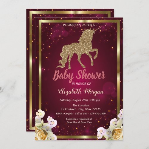 Gold Glitter Unicorn Floral Burgundy Baby Shower Invitation