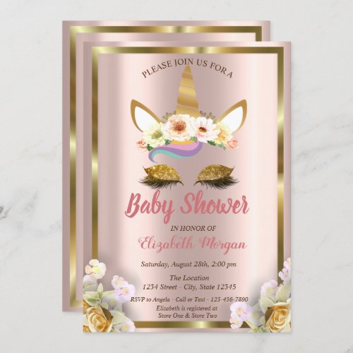 Gold Glitter Unicorn Floral Crown Baby Shower Invi Invitation