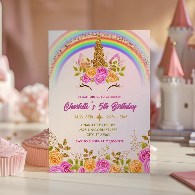 Gold Glitter Unicorn Floral Kids Birthday Invitation (Creator Uploaded)