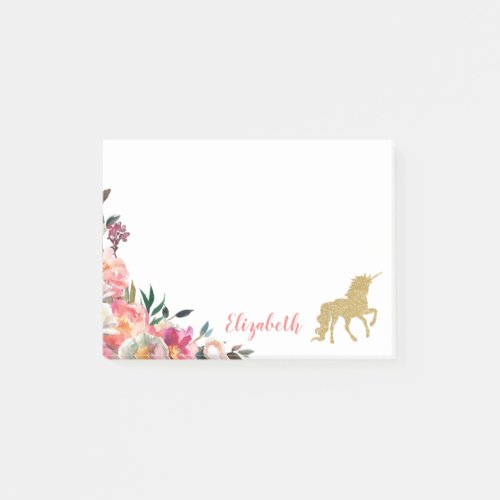 Gold Glitter Unicorn  Floral Personalized Name Post_it Notes