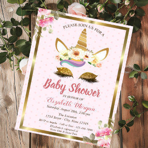Gold Glitter Unicorn Floral Polka Dots Baby Shower Invitation