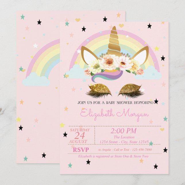 Gold Glitter Unicorn Floral Rainbow Baby Shower Invitation (Front/Back)