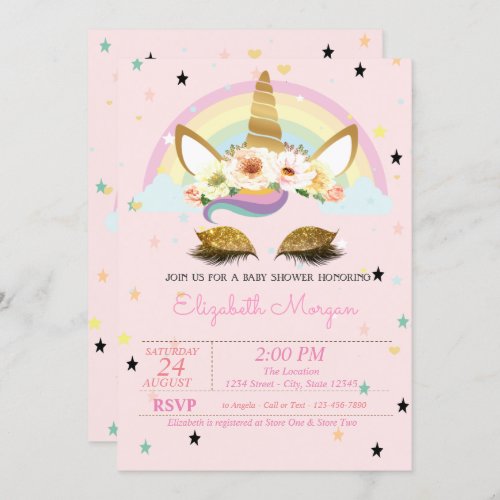 Gold Glitter Unicorn Floral Rainbow Baby Shower Invitation
