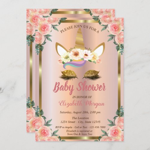 Gold Glitter Unicorn Floral Rose Gold Baby Shower Invitation
