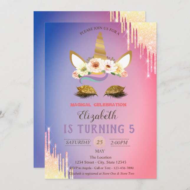 Gold Glitter Unicorn Flowers,Ombre Drips Birthday  Invitation (Front/Back)