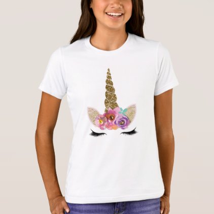 Gold Glitter Unicorn Horn Floral Glam Modern Girls T-Shirt