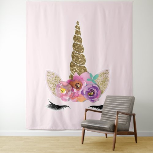 Gold Glitter Unicorn Horn Floral Modern Trendy Tapestry