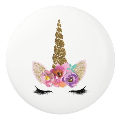Gold Glitter Unicorn Horn Girls Glam Fairy Tale Ceramic Knob