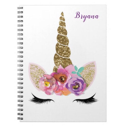 Gold Glitter Unicorn Horn Girls Glam Personalized Notebook