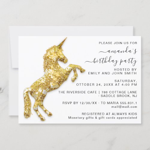 Gold Glitter Unicorn Horse White Birthday Annivers Invitation