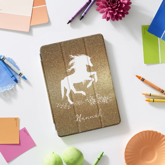 Gold Glitter Unicorn iPad Pro Cover (Desk)