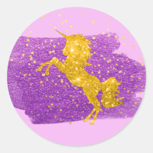 Gold Glitter Unicorn on Pink Classic Round Sticker
