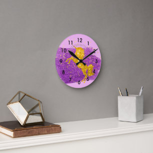 Gold Glitter Unicorn on Pink Round Clock