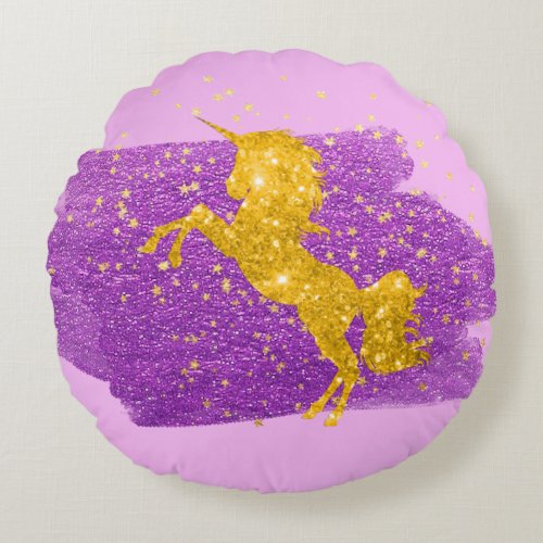 Gold Glitter Unicorn on Pink Round Pillow