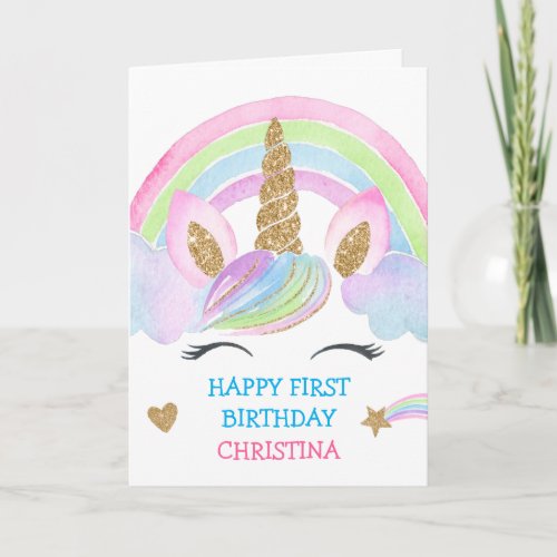 Gold Glitter Unicorn Personalized Girl Birthday Card