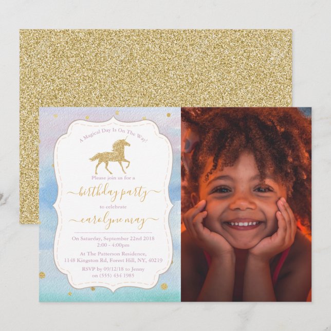 Gold Glitter Unicorn Photo Any Age Birthday Invitation (Front/Back)
