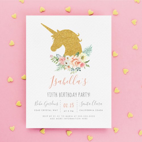Gold Glitter Unicorn  Pink Flowers Birthday Party Invitation Postcard