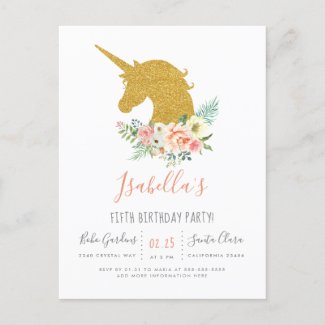 Gold Glitter Unicorn & Pink Flowers Birthday Party Invitation Postcard