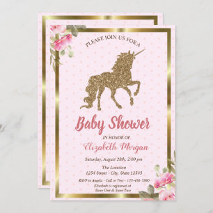 Gold Glitter Unicorn Polka Dots,Floral Baby Shower Invitation