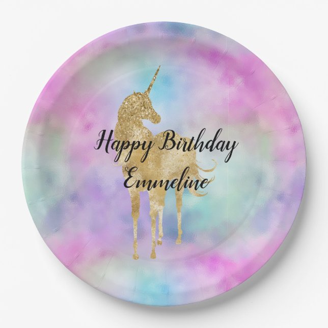 Gold Glitter Unicorn Purple Pink Aqua Blush      Paper Plates (Front)
