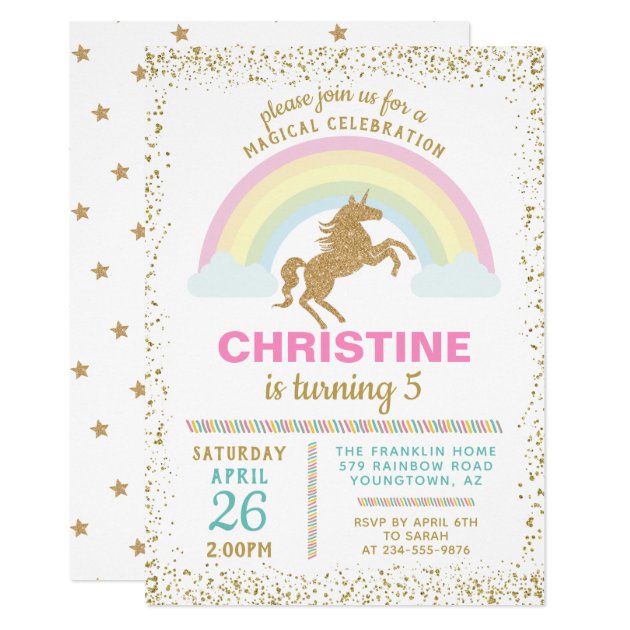 Gold Glitter Unicorn Rainbow Birthday Invitation