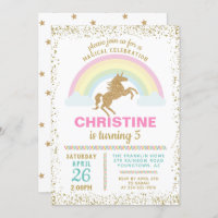 Gold Glitter Unicorn Rainbow Birthday Invitation