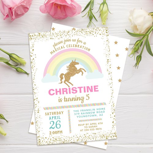 Gold Glitter Unicorn Rainbow Birthday Invitation