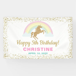 Gold Glitter Unicorn Rainbow Birthday Party Banner