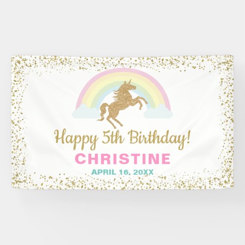Gold Glitter Unicorn Rainbow Birthday Party Banner