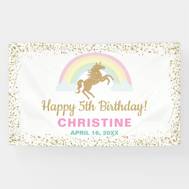 Gold Glitter Unicorn Rainbow Birthday Party Banner (Horizontal)