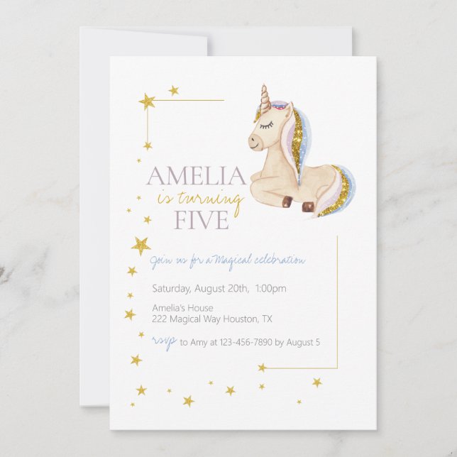 Gold Glitter Unicorn Rainbow Birthday party Invitation (Front)