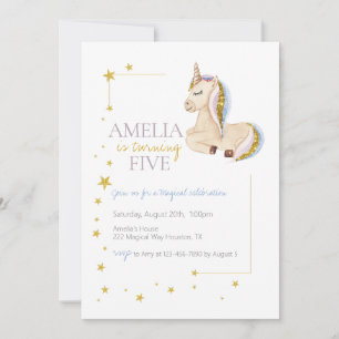 Gold Glitter Unicorn Rainbow Birthday party Invitation