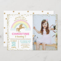 Gold Glitter Unicorn Rainbow Birthday Photo Invitation