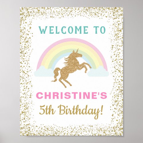 Gold Glitter Unicorn Rainbow Birthday Welcome Sign