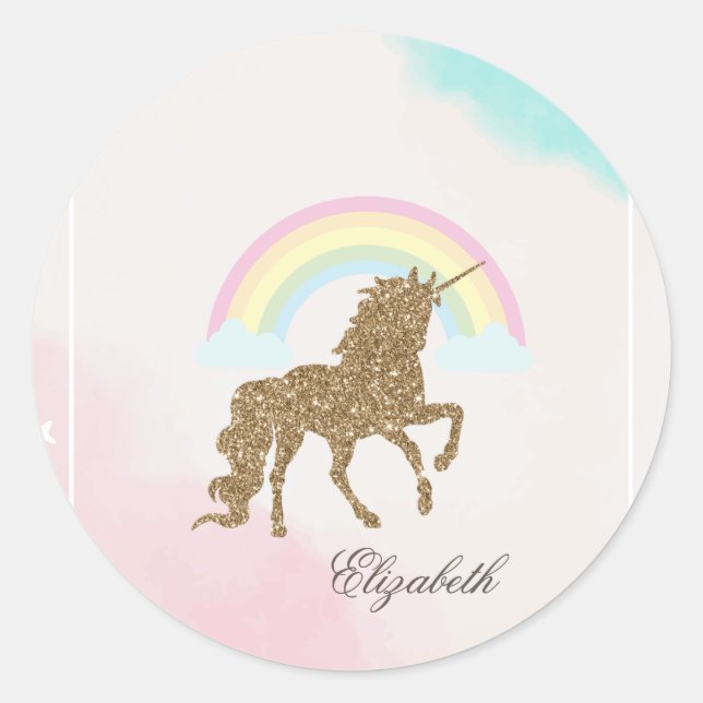 Gold Glitter Unicorn, Rainbow Classic Round Sticker (Front)