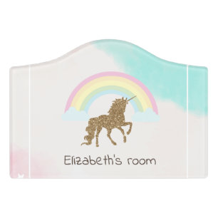 Gold Glitter Unicorn, Rainbow Door Sign