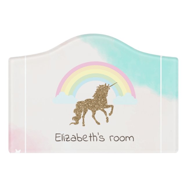 Gold Glitter Unicorn, Rainbow  Door Sign (Small Crest Front)