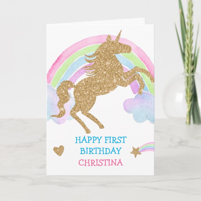 Gold Glitter Unicorn Rainbow Girl Birthday Card (Front)