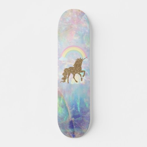 Gold Glitter Unicorn Rainbow Opal Skateboard