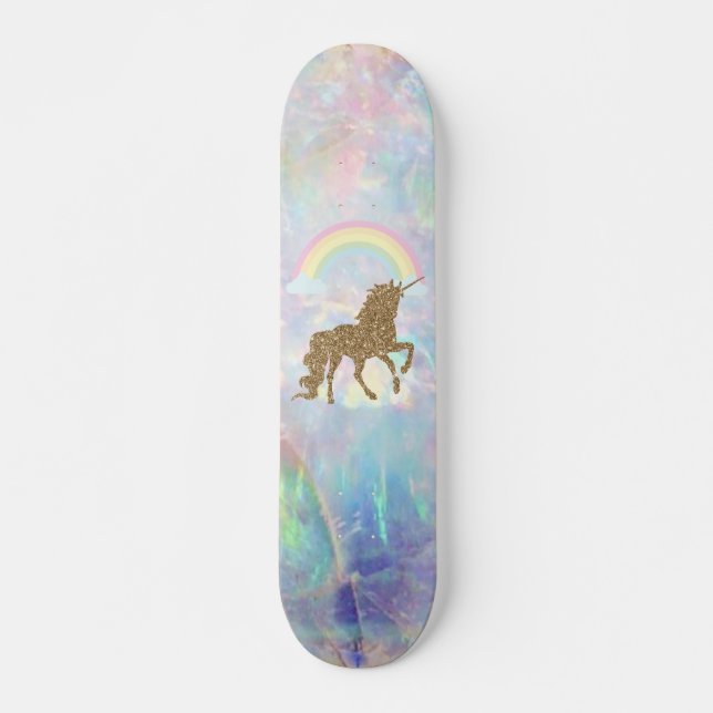 Gold Glitter Unicorn, Rainbow Opal Skateboard (Front)